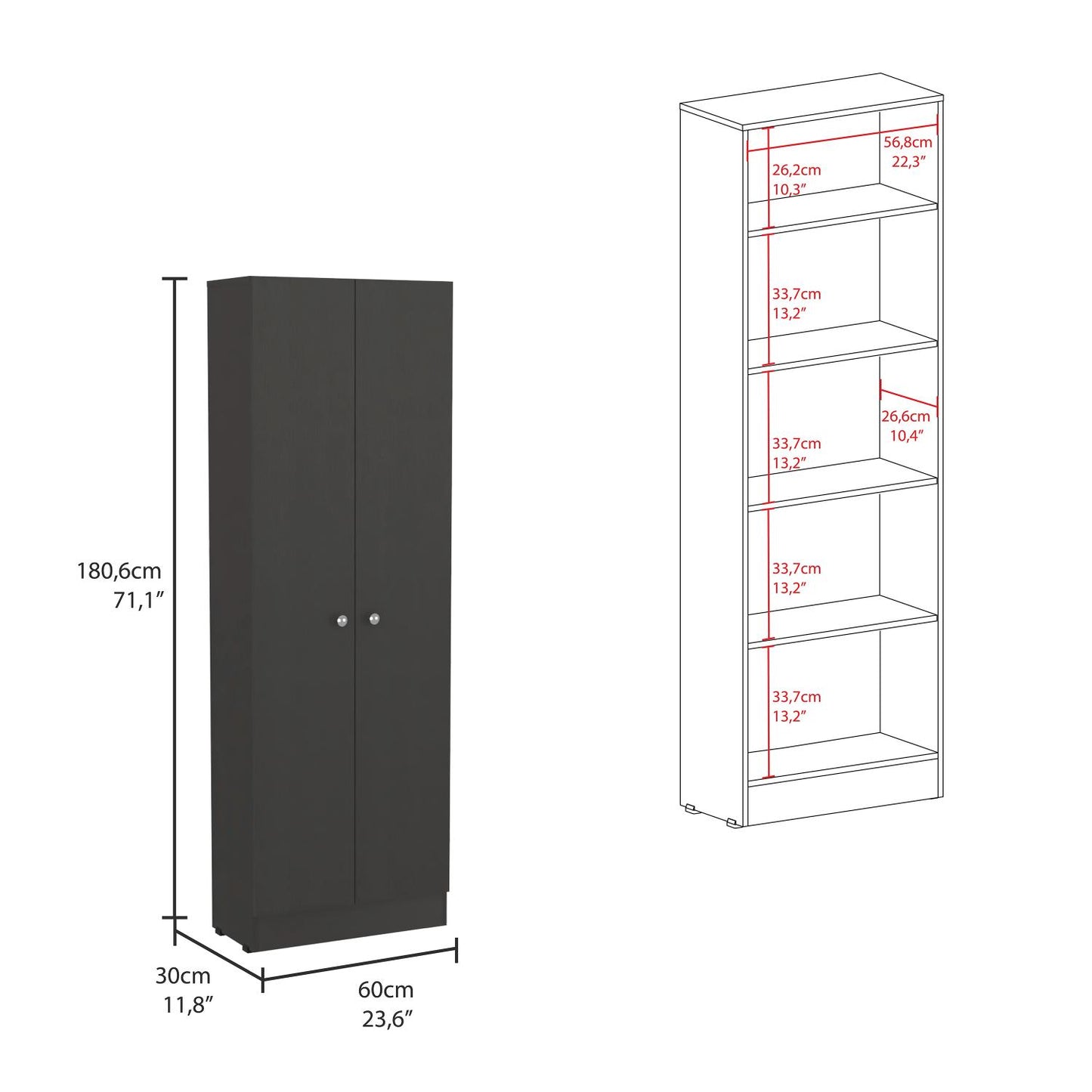 Lombardi Tall Cabinet with Five Drawers, Kitchen Pantry