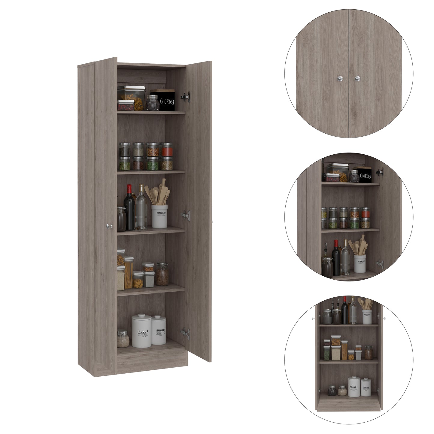 Tuhome Lambardi Tall Multistorage Cabinet with Double Door Design, Five Deep Interior Shelves, Freestanding Vertical Storage Solution for Kitchens, Laundry Rooms, Bedrooms or Utility Areas to Maximize Home Organization