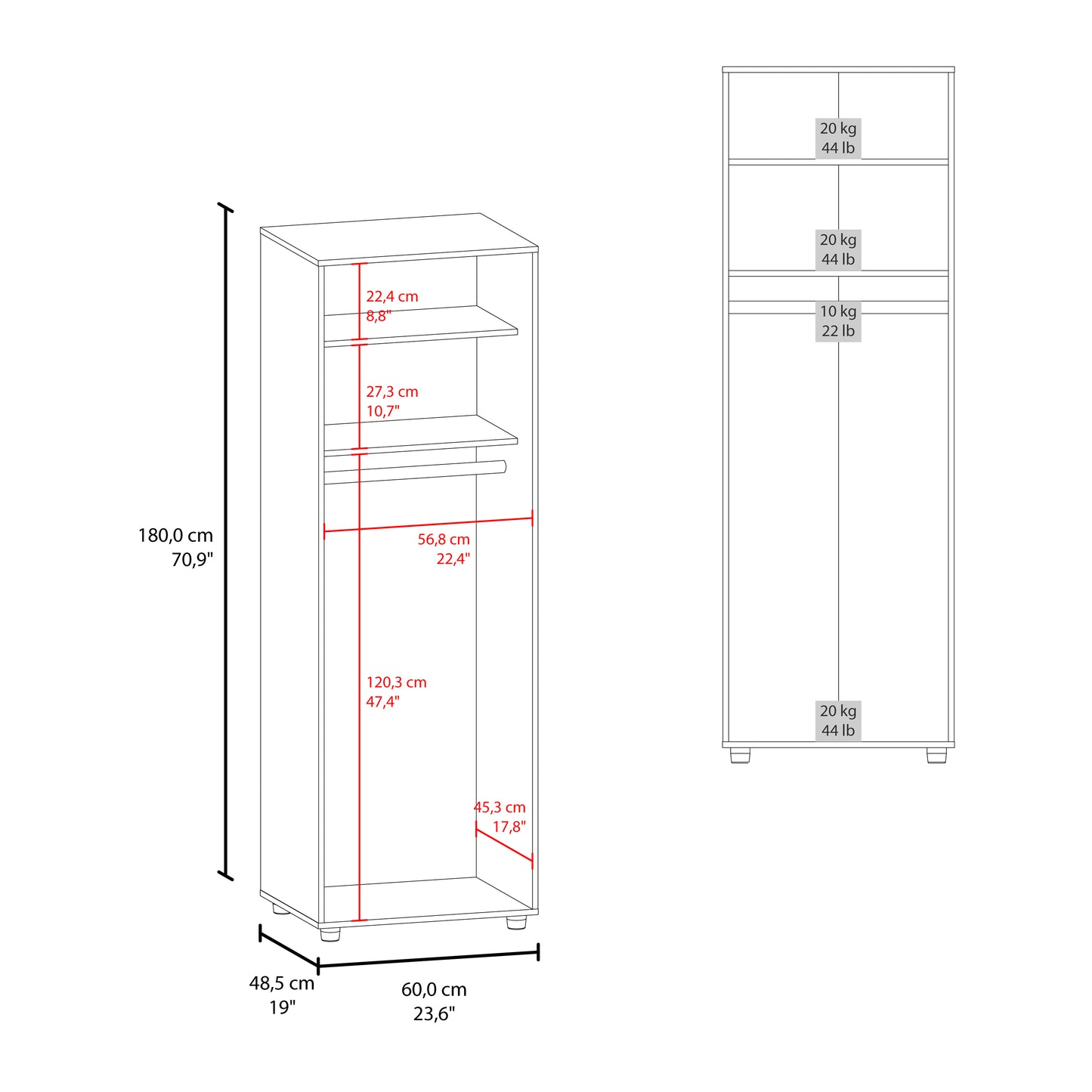 Aurora Armoire with two superior Shelves, Wardrobe for Bedroom