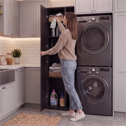 Austin Storage Broom Closet with Magnetic-Closure Doors, Tall Multi-Purpose Utility Cabinet for Cleaning Supplies, Durable Engineered Wood Construction and Space-Saving Design