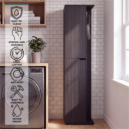 Austin Storage Broom Closet with Magnetic-Closure Doors, Tall Multi-Purpose Utility Cabinet for Cleaning Supplies, Durable Engineered Wood Construction and Space-Saving Design