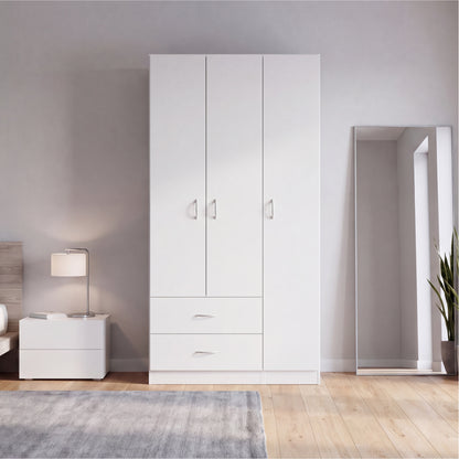 Tuhome Austral Three-Door Armoire with Double Door Hanging Cabinet, Full-Height Shelving Section, Two Spacious Storage Drawers, Modern Multi-Compartment Wardrobe for Organized Bedrooms and Versatile Home Storage
