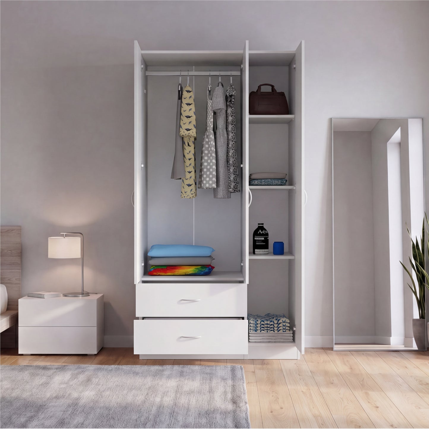 Tuhome Austral Three-Door Armoire with Double Door Hanging Cabinet, Full-Height Shelving Section, Two Spacious Storage Drawers, Modern Multi-Compartment Wardrobe for Organized Bedrooms and Versatile Home Storage