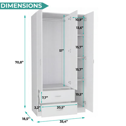 Tuhome Austral Three-Door Armoire with Double Door Hanging Cabinet, Full-Height Shelving Section, Two Spacious Storage Drawers, Modern Multi-Compartment Wardrobe for Organized Bedrooms and Versatile Home Storage