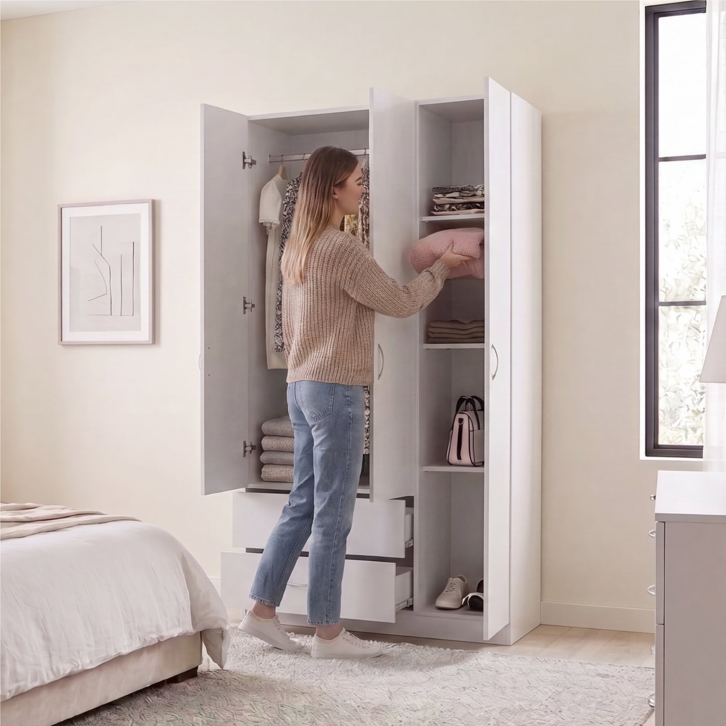 Tuhome Austral Three-Door Armoire with Double Door Hanging Cabinet, Full-Height Shelving Section, Two Spacious Storage Drawers, Modern Multi-Compartment Wardrobe for Organized Bedrooms and Versatile Home Storage