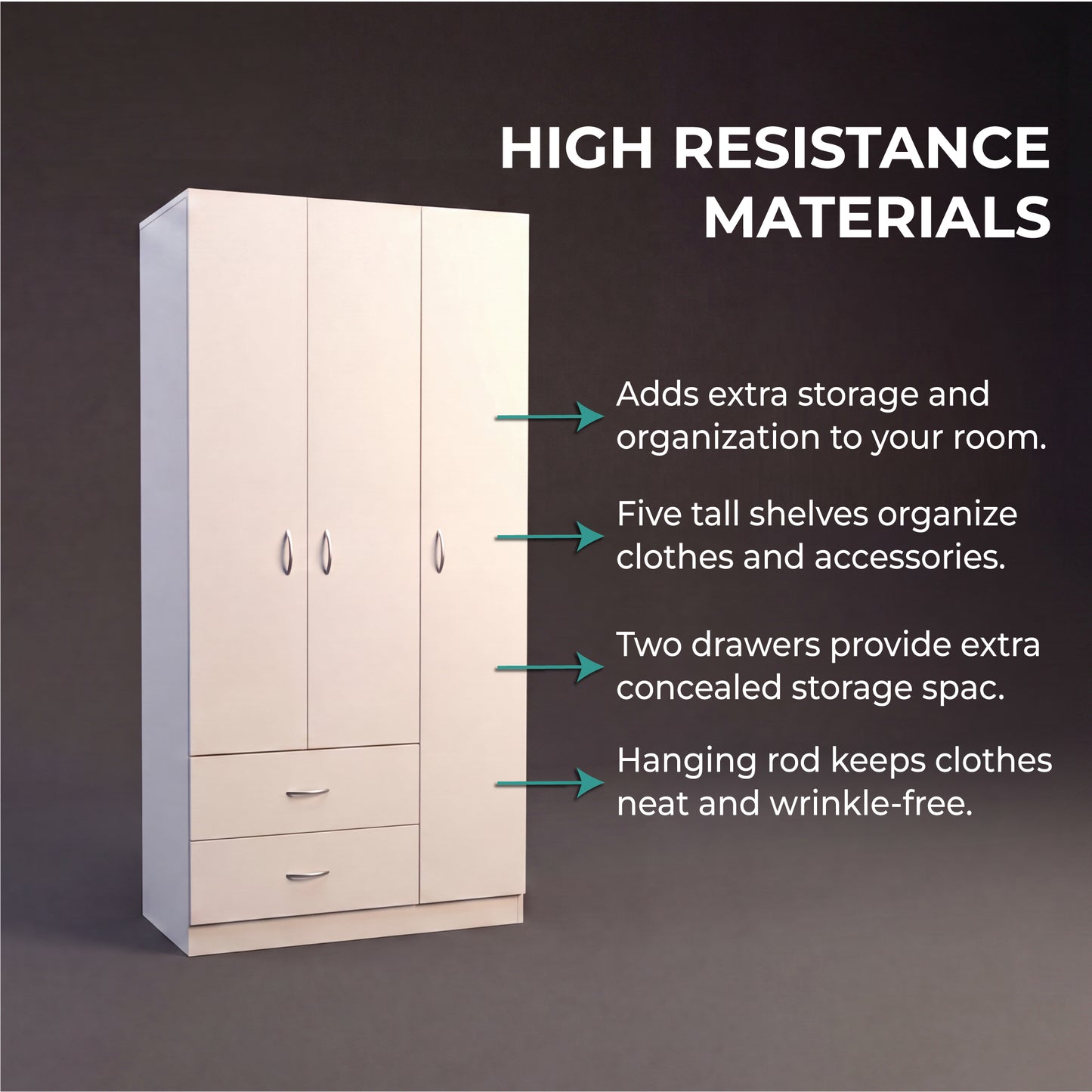 Tuhome Austral Three-Door Armoire with Double Door Hanging Cabinet, Full-Height Shelving Section, Two Spacious Storage Drawers, Modern Multi-Compartment Wardrobe for Organized Bedrooms and Versatile Home Storage
