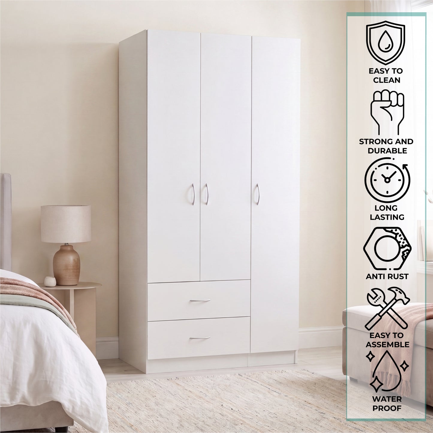 Tuhome Austral Three-Door Armoire with Double Door Hanging Cabinet, Full-Height Shelving Section, Two Spacious Storage Drawers, Modern Multi-Compartment Wardrobe for Organized Bedrooms and Versatile Home Storage
