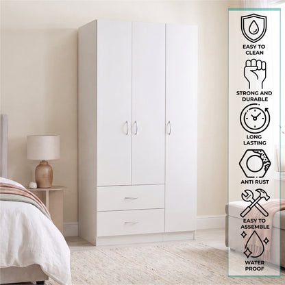 Tuhome Austral Three-Door Armoire with Double Door Hanging Cabinet, Full-Height Shelving Section, Two Spacious Storage Drawers, Modern Multi-Compartment Wardrobe for Organized Bedrooms and Versatile Home Storage