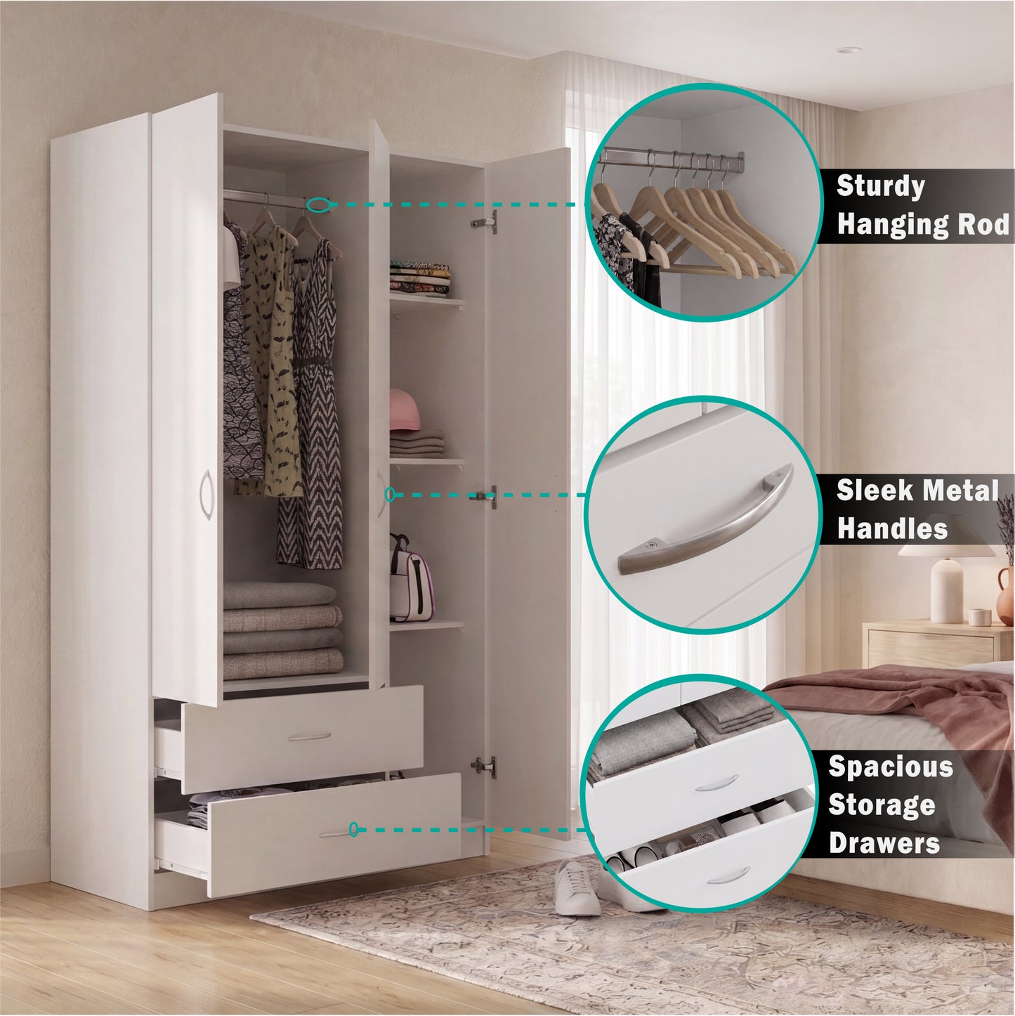 Tuhome Austral Three-Door Armoire with Double Door Hanging Cabinet, Full-Height Shelving Section, Two Spacious Storage Drawers, Modern Multi-Compartment Wardrobe for Organized Bedrooms and Versatile Home Storage