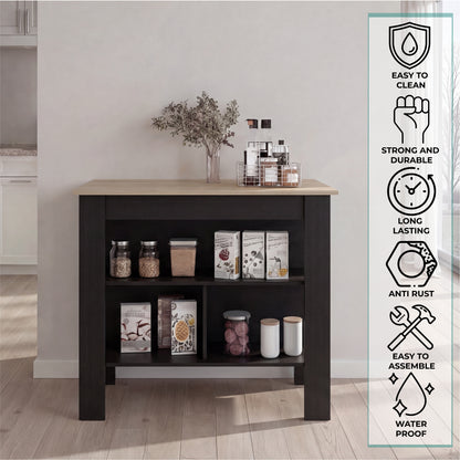 Tuhome Cala Kitchen Island with Spacious Tabletop, Three Open Storage Shelves, Four Sturdy Legs and Comfortable Meal Prep Workstation Design for Modern, Functional and Organized Everyday Culinary Spaces