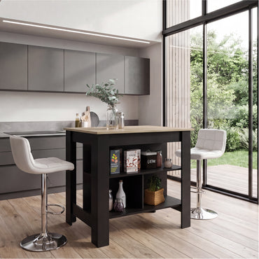 Tuhome Cala Kitchen Island with Spacious Tabletop, Three Open Storage Shelves, Four Sturdy Legs and Comfortable Meal Prep Workstation Design for Modern, Functional and Organized Everyday Culinary Spaces