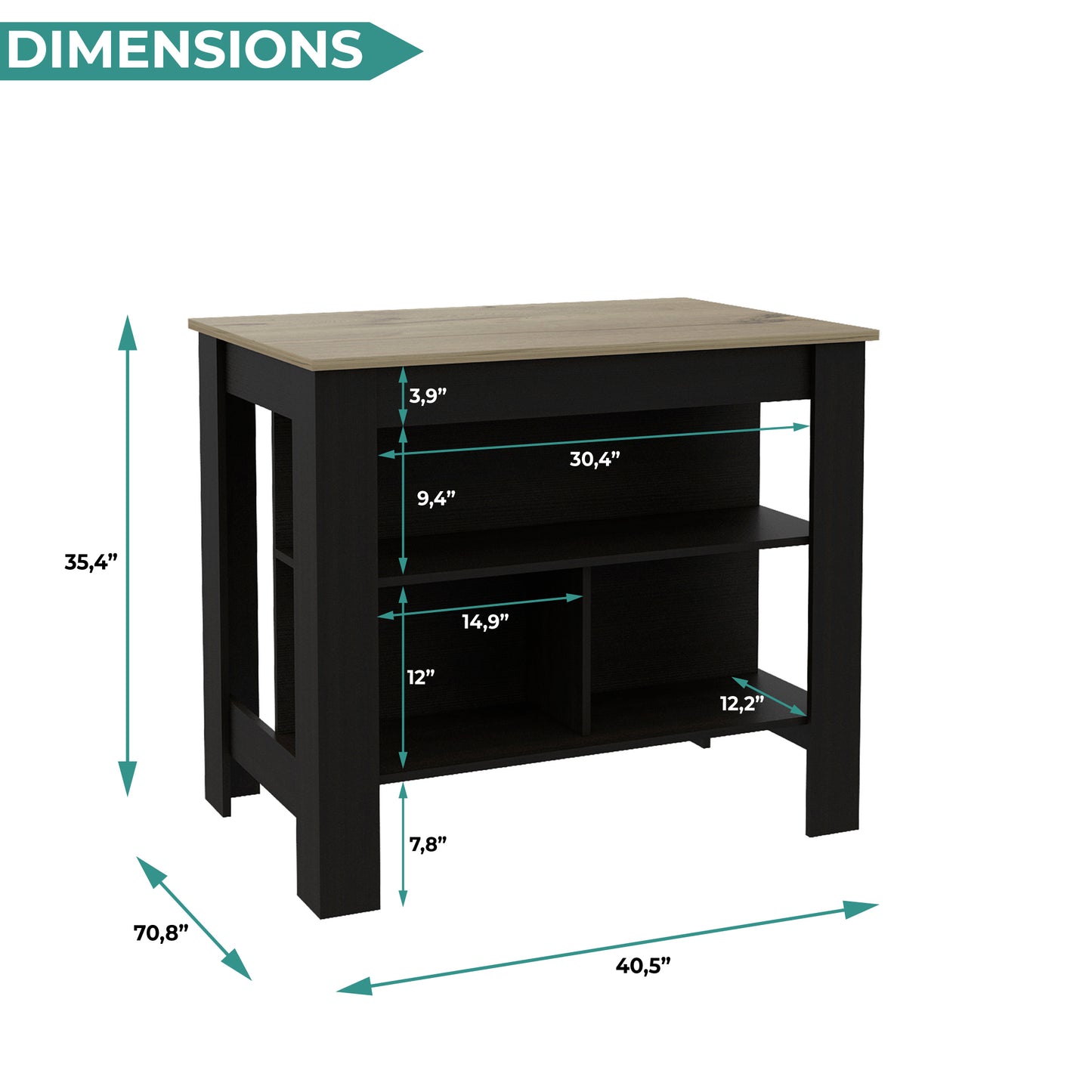 Tuhome Cala Kitchen Island with Spacious Tabletop, Three Open Storage Shelves, Four Sturdy Legs and Comfortable Meal Prep Workstation Design for Modern, Functional and Organized Everyday Culinary Spaces