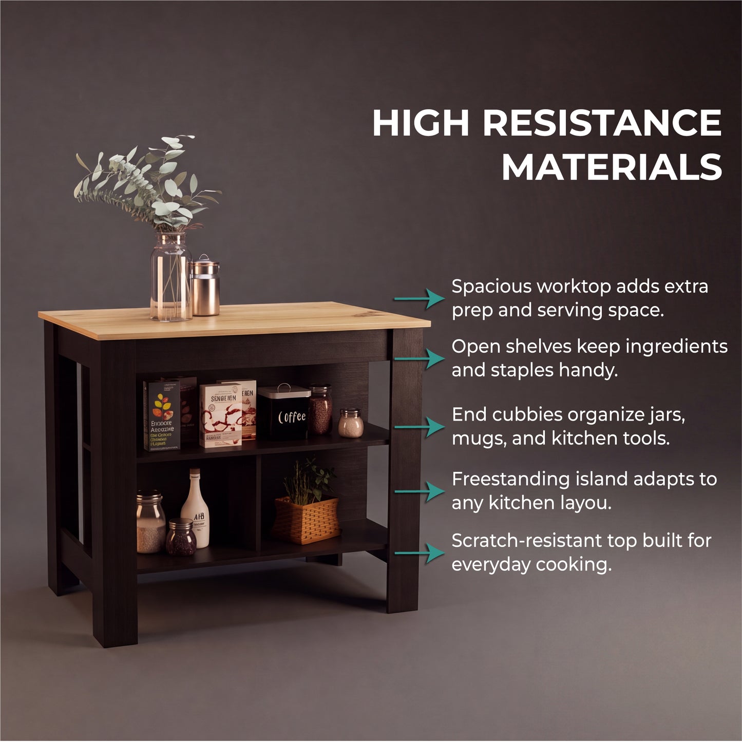Tuhome Cala Kitchen Island with Spacious Tabletop, Three Open Storage Shelves, Four Sturdy Legs and Comfortable Meal Prep Workstation Design for Modern, Functional and Organized Everyday Culinary Spaces