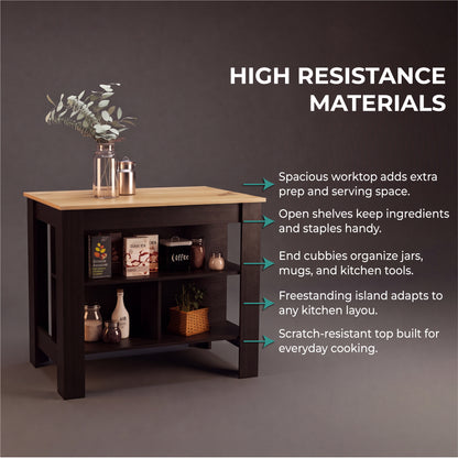 Tuhome Cala Kitchen Island with Spacious Tabletop, Three Open Storage Shelves, Four Sturdy Legs and Comfortable Meal Prep Workstation Design for Modern, Functional and Organized Everyday Culinary Spaces