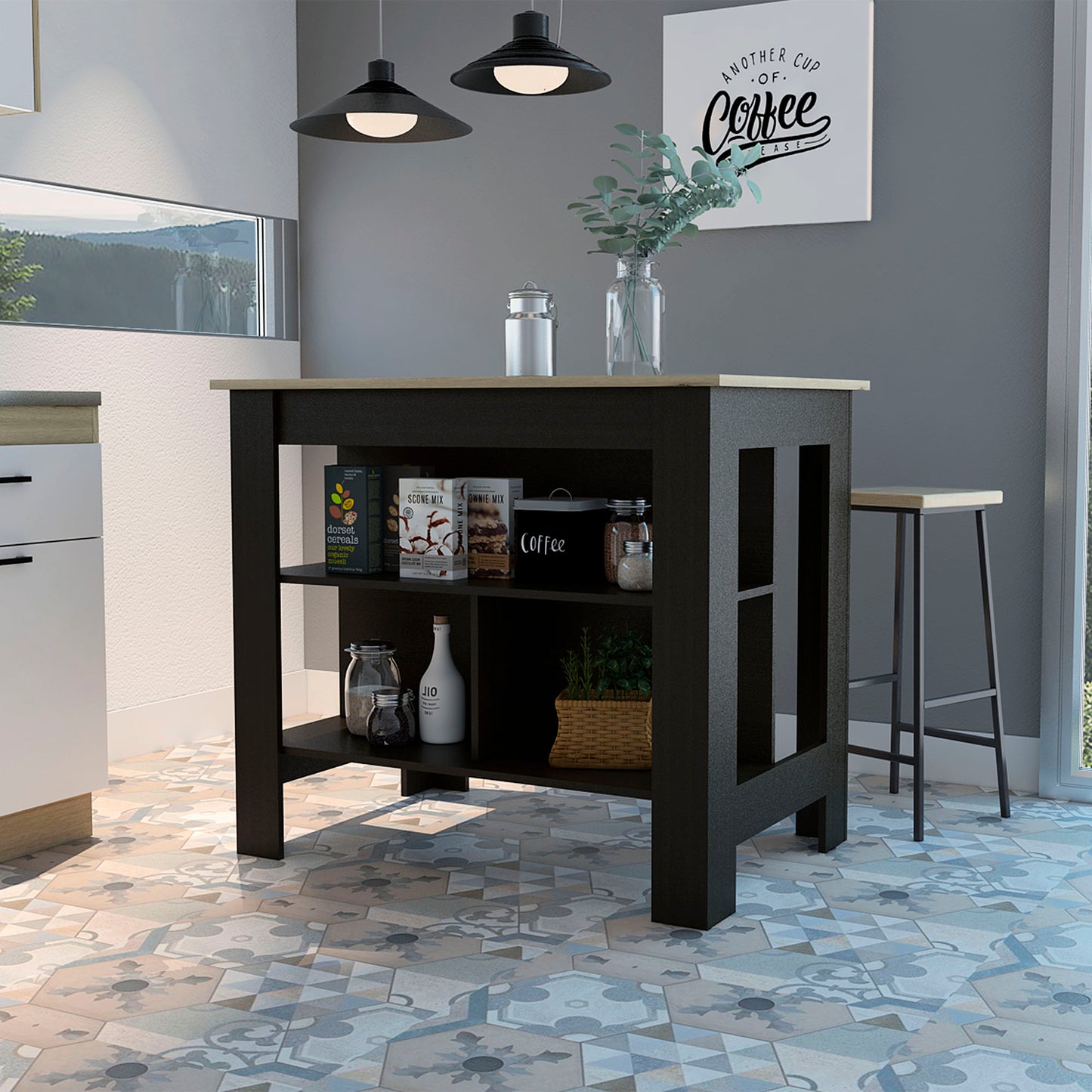 Tuhome Cala Kitchen Island with Spacious Tabletop, Three Open Storage Shelves, Four Sturdy Legs and Comfortable Meal Prep Workstation Design for Modern, Functional and Organized Everyday Culinary Spaces