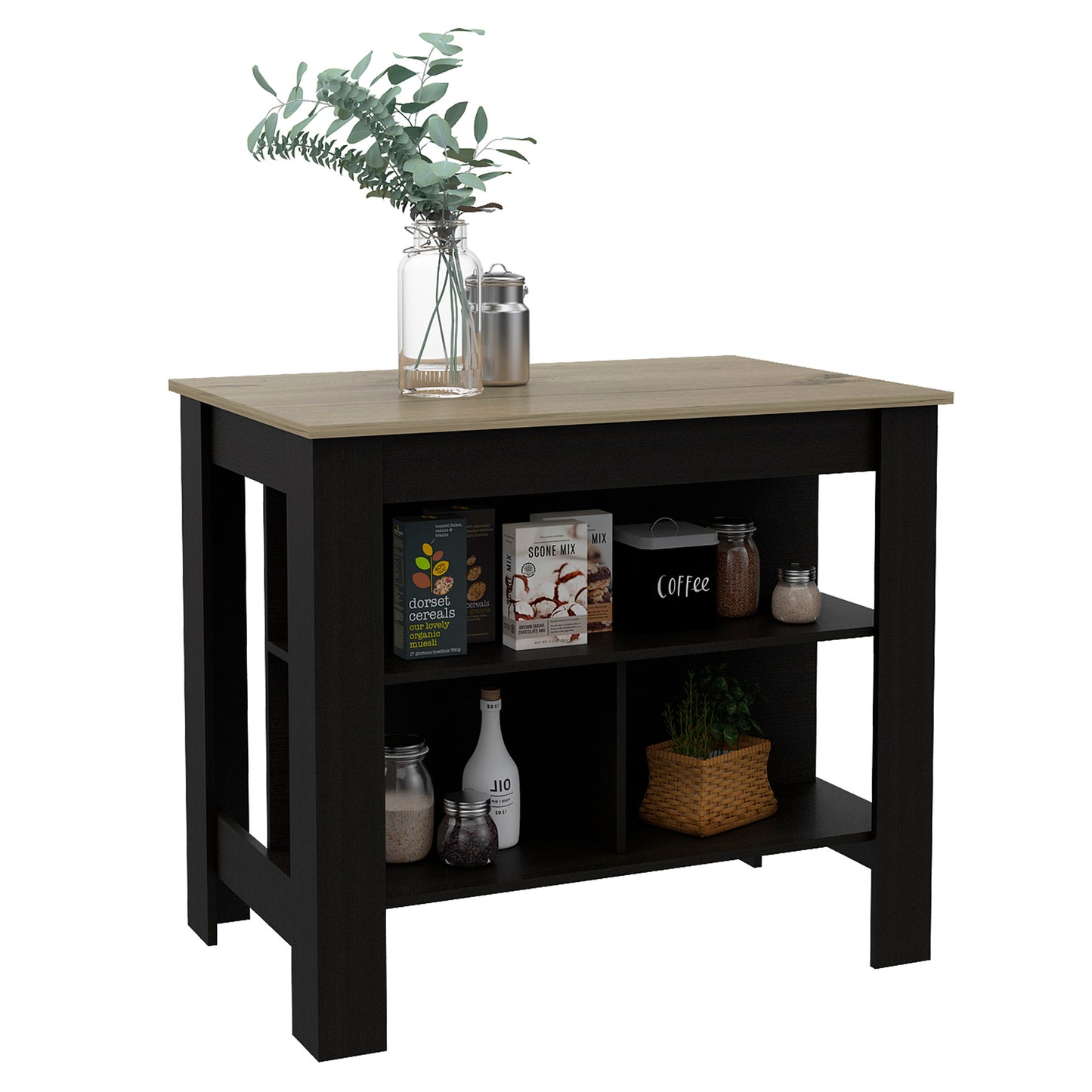 Tuhome Cala Kitchen Island with Spacious Tabletop, Three Open Storage Shelves, Four Sturdy Legs and Comfortable Meal Prep Workstation Design for Modern, Functional and Organized Everyday Culinary Spaces
