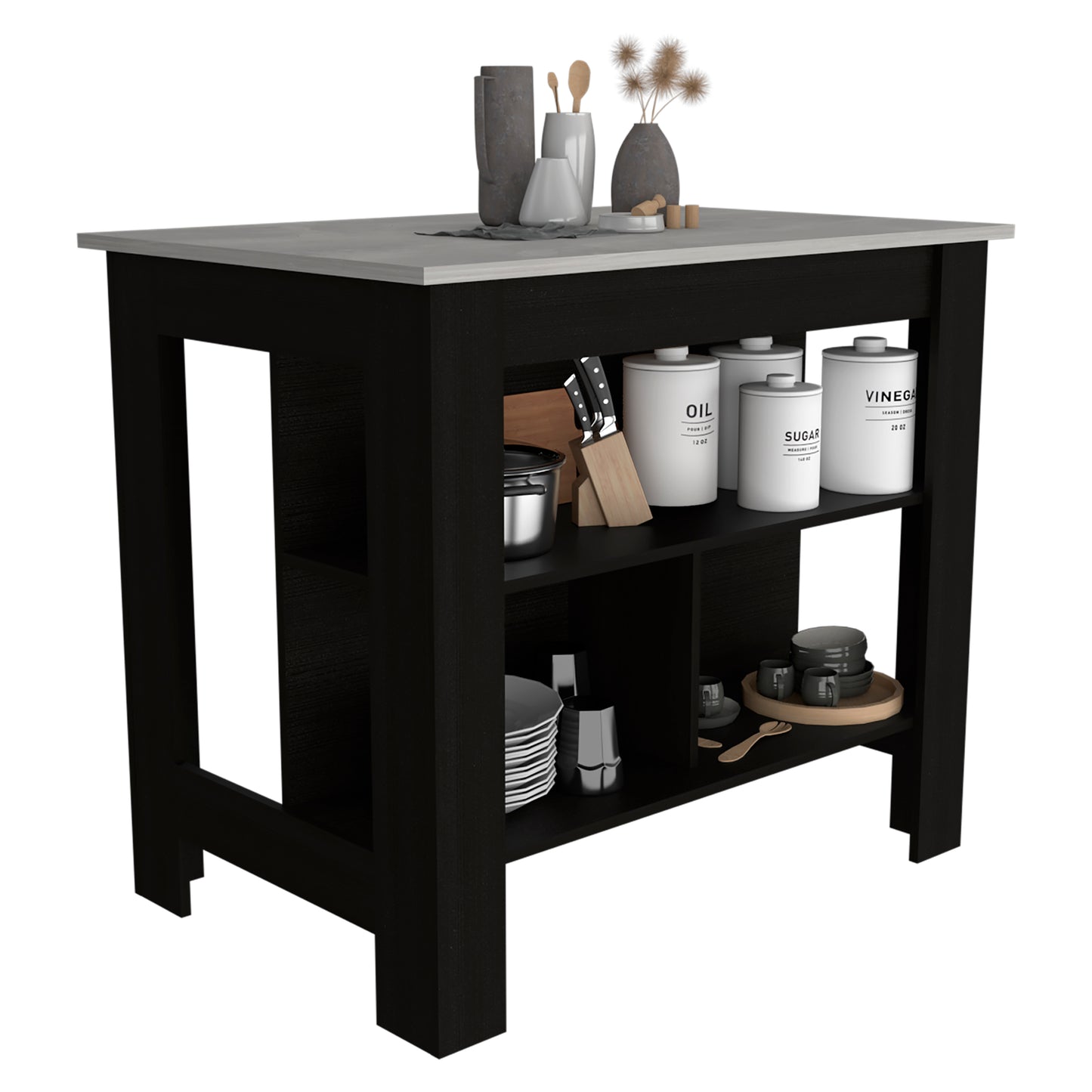 Tuhome Cala Kitchen Island with Spacious Tabletop, Three Open Storage Shelves, Four Sturdy Legs and Comfortable Meal Prep Workstation Design for Modern, Functional and Organized Everyday Culinary Spaces