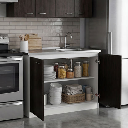 TUHOME Napoles Utility Sink Cabinet with Integrated Steel Sink, Double Door Storage, Interior Shelf and Durable Aluminum Countertop Offering Practical Organization and Functional Workspace.