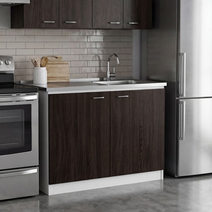TUHOME Napoles Utility Sink Cabinet with Integrated Steel Sink, Double Door Storage, Interior Shelf and Durable Aluminum Countertop Offering Practical Organization and Functional Workspace.