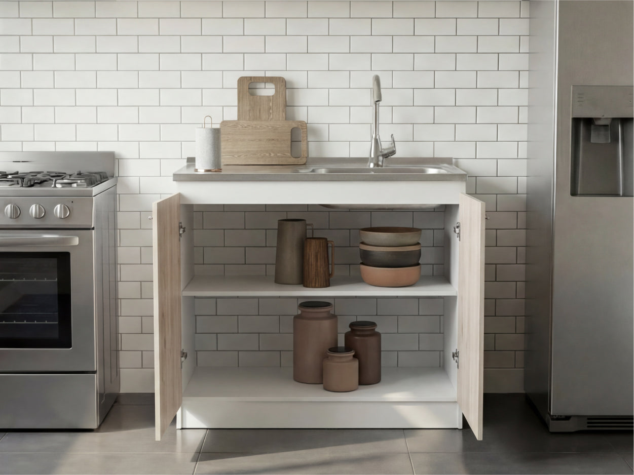 TUHOME Napoles Utility Sink Cabinet with Integrated Steel Sink, Double Door Storage, Interior Shelf and Durable Aluminum Countertop Offering Practical Organization and Functional Workspace.