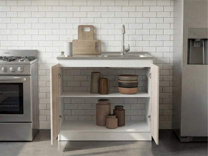 TUHOME Napoles Utility Sink Cabinet with Integrated Steel Sink, Double Door Storage, Interior Shelf and Durable Aluminum Countertop Offering Practical Organization and Functional Workspace.