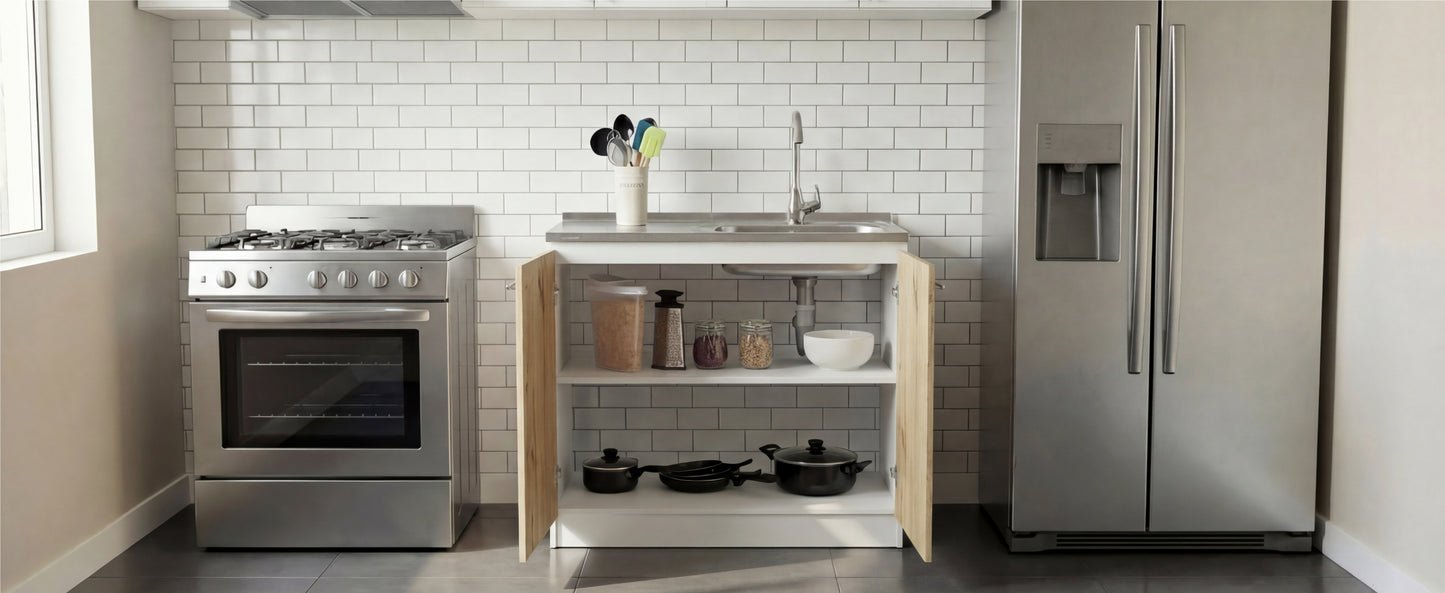 TUHOME Napoles Utility Sink Cabinet with Integrated Steel Sink, Double Door Storage, Interior Shelf and Durable Aluminum Countertop Offering Practical Organization and Functional Workspace.
