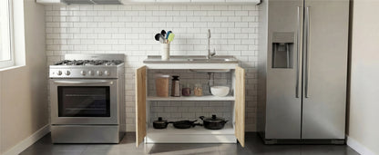 TUHOME Napoles Utility Sink Cabinet with Integrated Steel Sink, Double Door Storage, Interior Shelf and Durable Aluminum Countertop Offering Practical Organization and Functional Workspace.