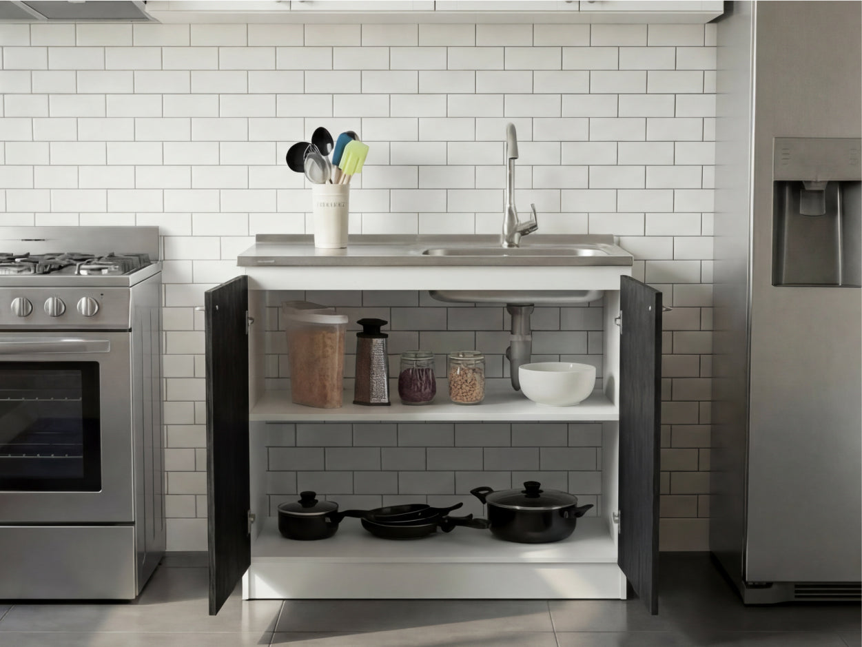 TUHOME Napoles Utility Sink Cabinet with Integrated Steel Sink, Double Door Storage, Interior Shelf and Durable Aluminum Countertop Offering Practical Organization and Functional Workspace.