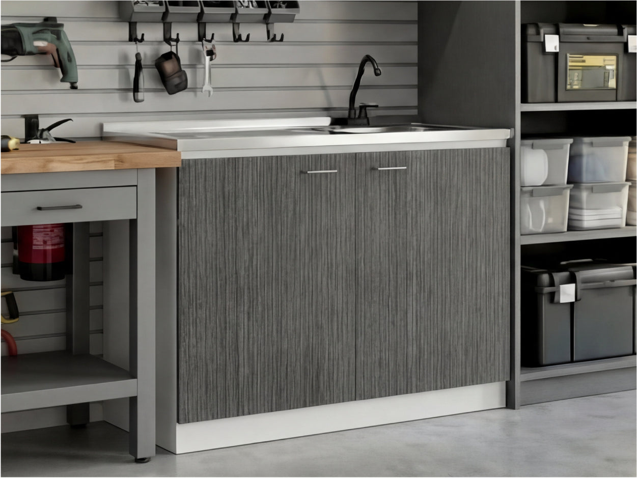 TUHOME Napoles Utility Sink Cabinet with Integrated Steel Sink, Double Door Storage, Interior Shelf and Durable Aluminum Countertop Offering Practical Organization and Functional Workspace.