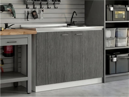 TUHOME Napoles Utility Sink Cabinet with Integrated Steel Sink, Double Door Storage, Interior Shelf and Durable Aluminum Countertop Offering Practical Organization and Functional Workspace.