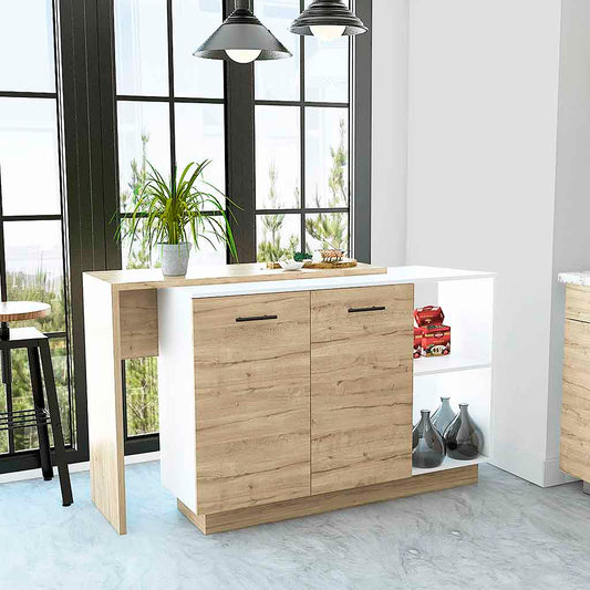 Sicilia Kitchen Island, Two  External Shelves, Double Door Cabinets, Three Shelves