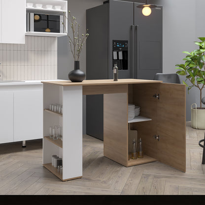 Allen Kitchen Island, External Shelves, White - Natural Oak