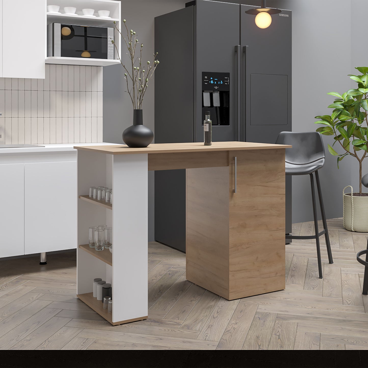 Allen Kitchen Island, External Shelves, White - Natural Oak