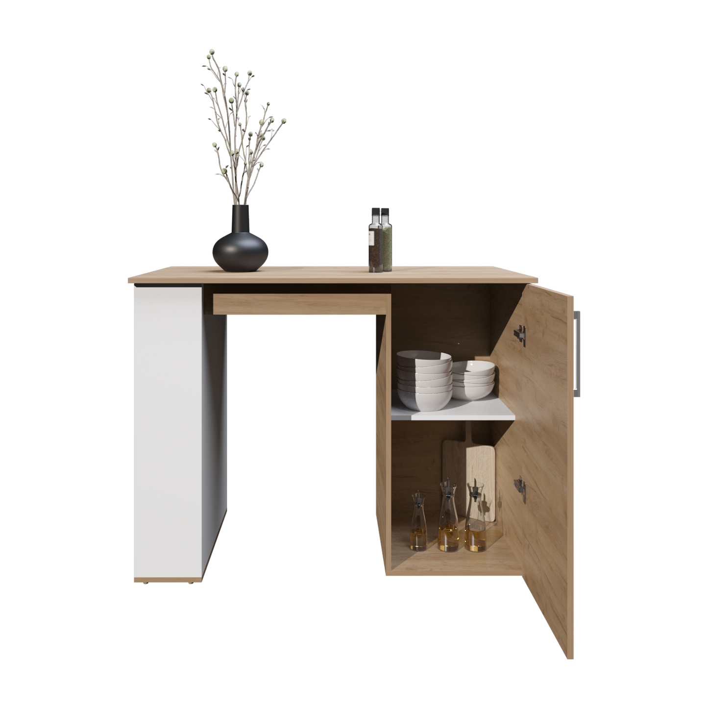 Allen Kitchen Island, External Shelves, White - Natural Oak