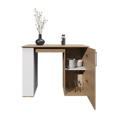 Allen Kitchen Island, External Shelves, White - Natural Oak