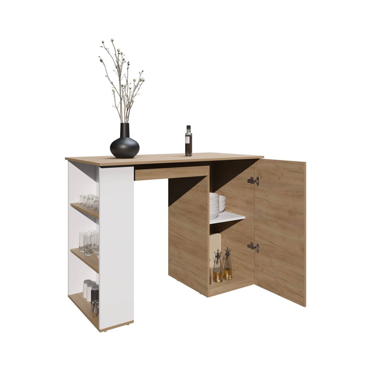 Allen Kitchen Island, External Shelves, White - Natural Oak