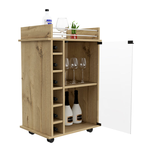 Tuhome Dukat Bar Cart with Two Shelves, Six Built-In Wine Racks, Four Casters, Modern Storage Solution for Kitchen or Dining Room
