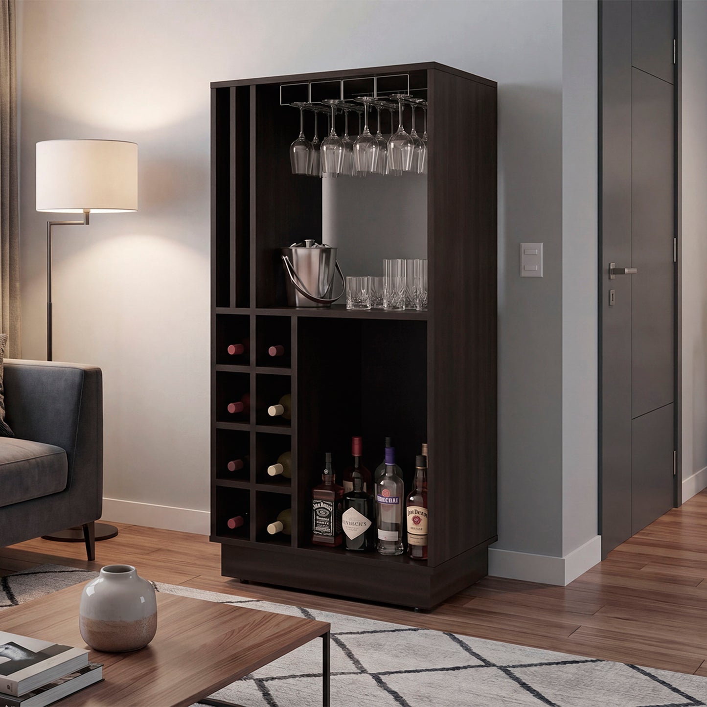 Caoba Home Bar Cabinet with Wine Bottle Storage, Glass Holder, Shelves and Cabinet Doors for Dining Room, Kitchen, Living Room or Bar Area