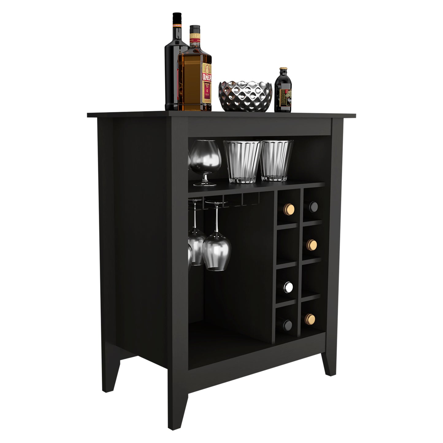 Essential Bar Cabinet with Open Display Shelf, Built-In Wine Rack Cubbies, Smooth-Glide Storage Drawer and Spacious Top Surface for Elegant Home Entertaining, Beverage Organization and Modern Bar.