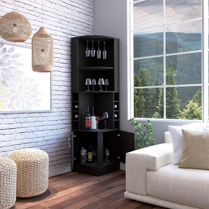 Tuhome Syrah Corner Bar Cabinet with Two External Shelves, Stemware Rack, Eight Cubbies, Modern Design for Living Room or Home Bar