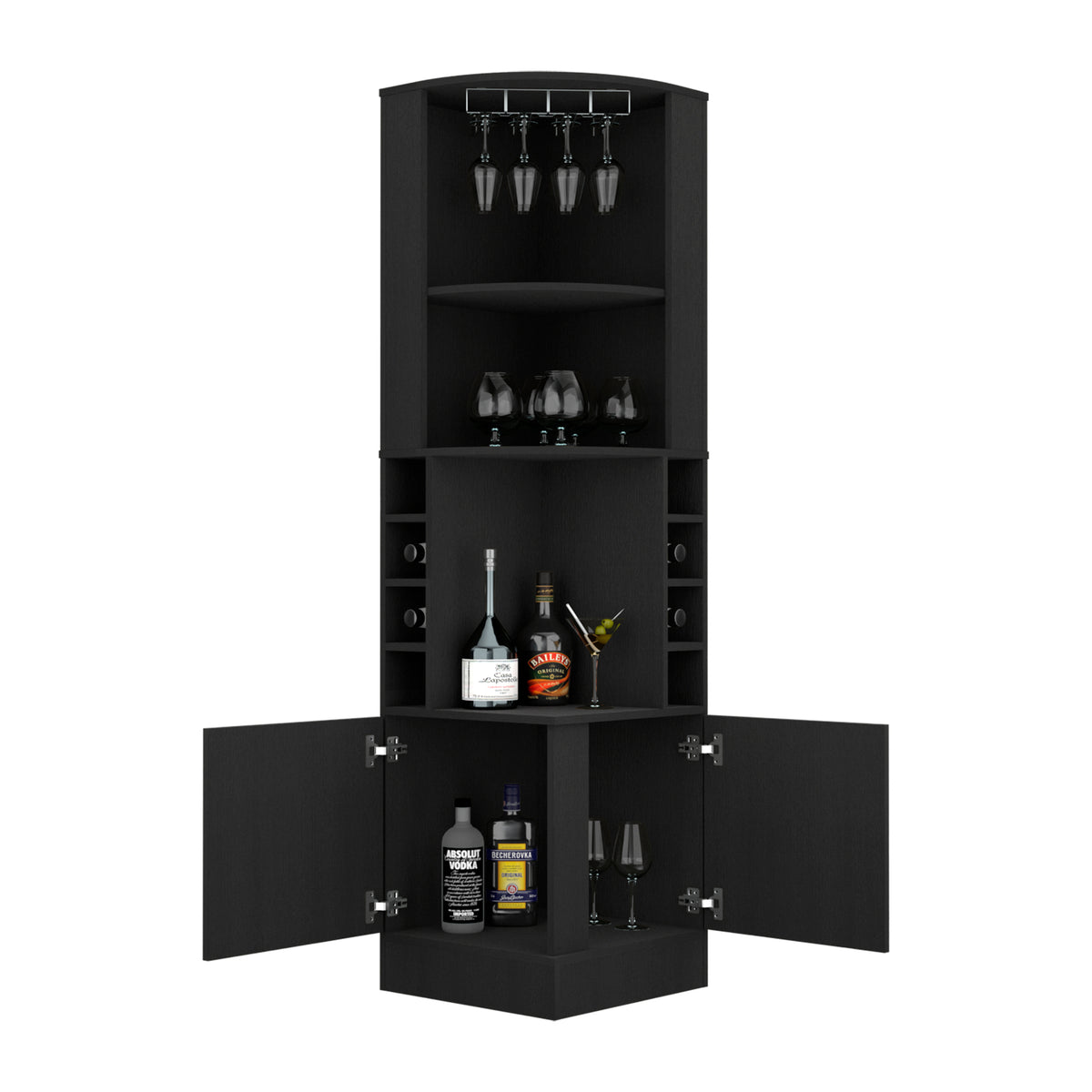 Tuhome Syrah Corner Bar Cabinet with Two External Shelves, Stemware Rack, Eight Cubbies, Modern Design for Living Room or Home Bar