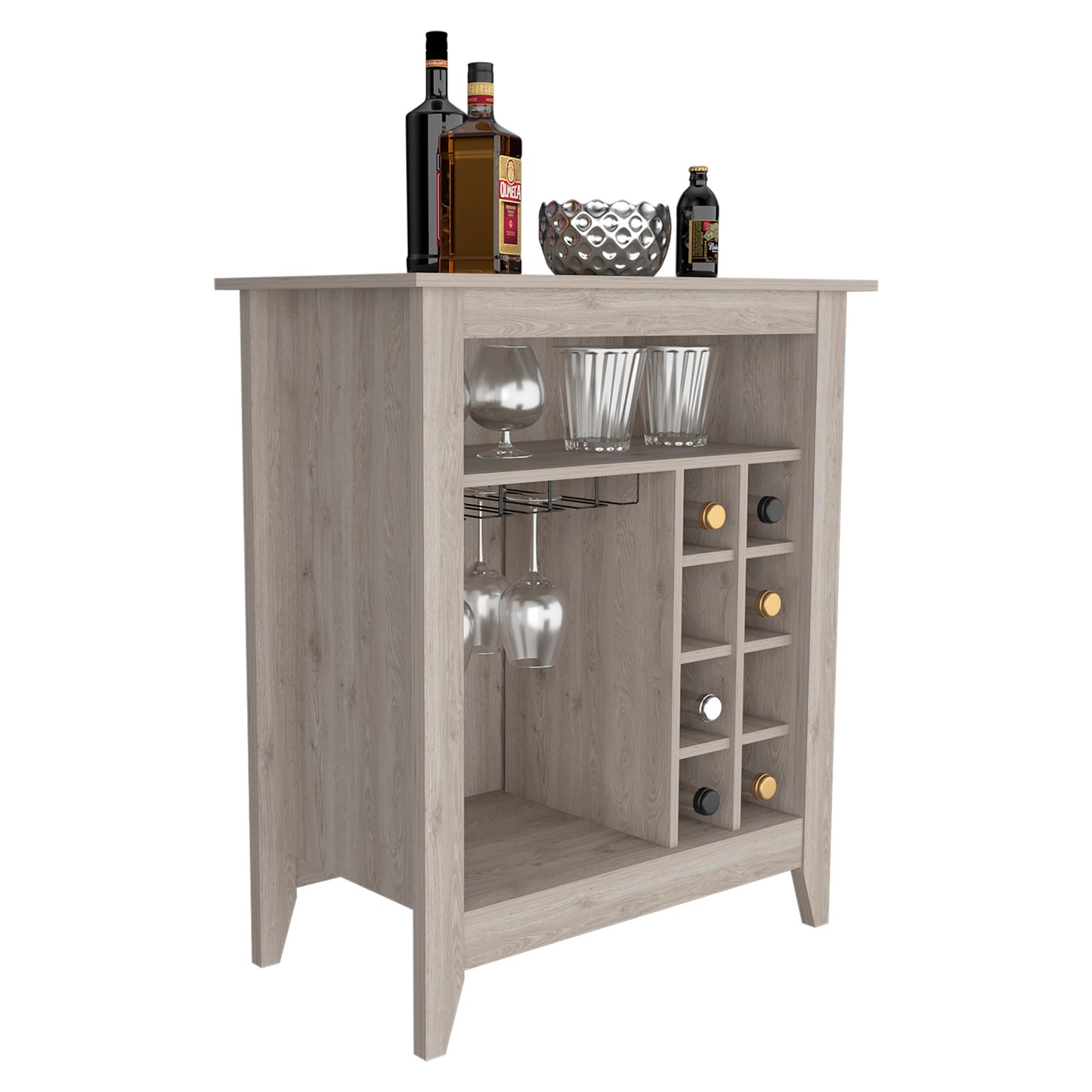 Essential Bar Cabinet with Open Display Shelf, Built-In Wine Rack Cubbies, Smooth-Glide Storage Drawer and Spacious Top Surface for Elegant Home Entertaining, Beverage Organization and Modern Bar.