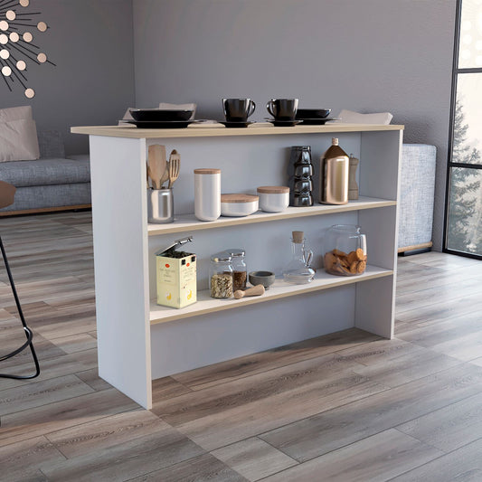 Fendi Kitchen Island with Open Down Shelves, Storage Cabinets, and Top Counter Space For A Modern Style Kitchen or Coffee Station