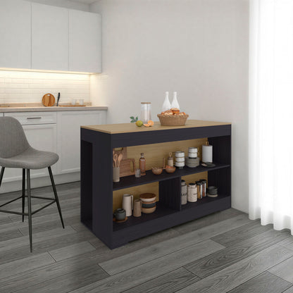 Modern kitchen island with shelves in a bright kitchen setting