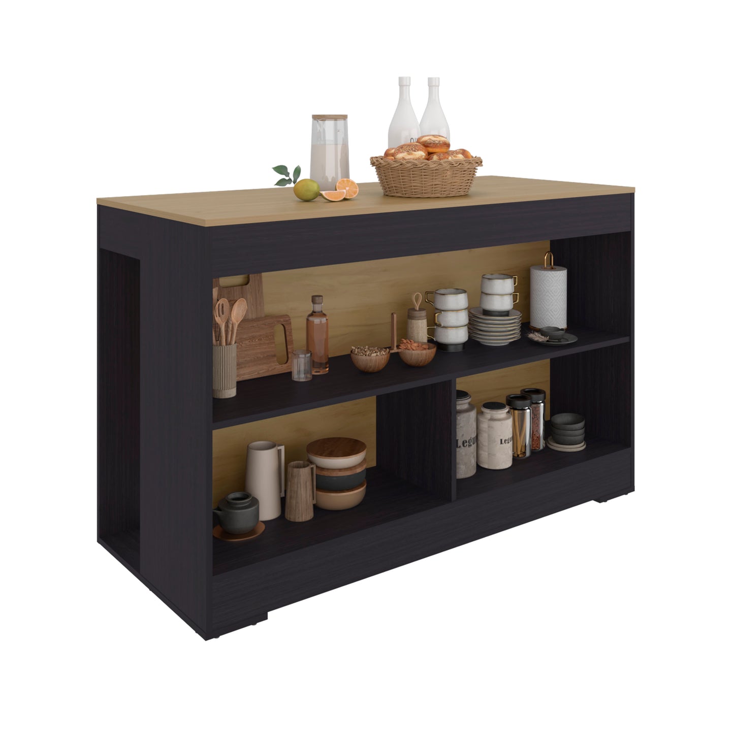 Cuenca Dining Counter Table, Freestanding Structure with 3 Open Storage Shelves and Wide Dining Countertop Space for Kitchen or Dining Rooms