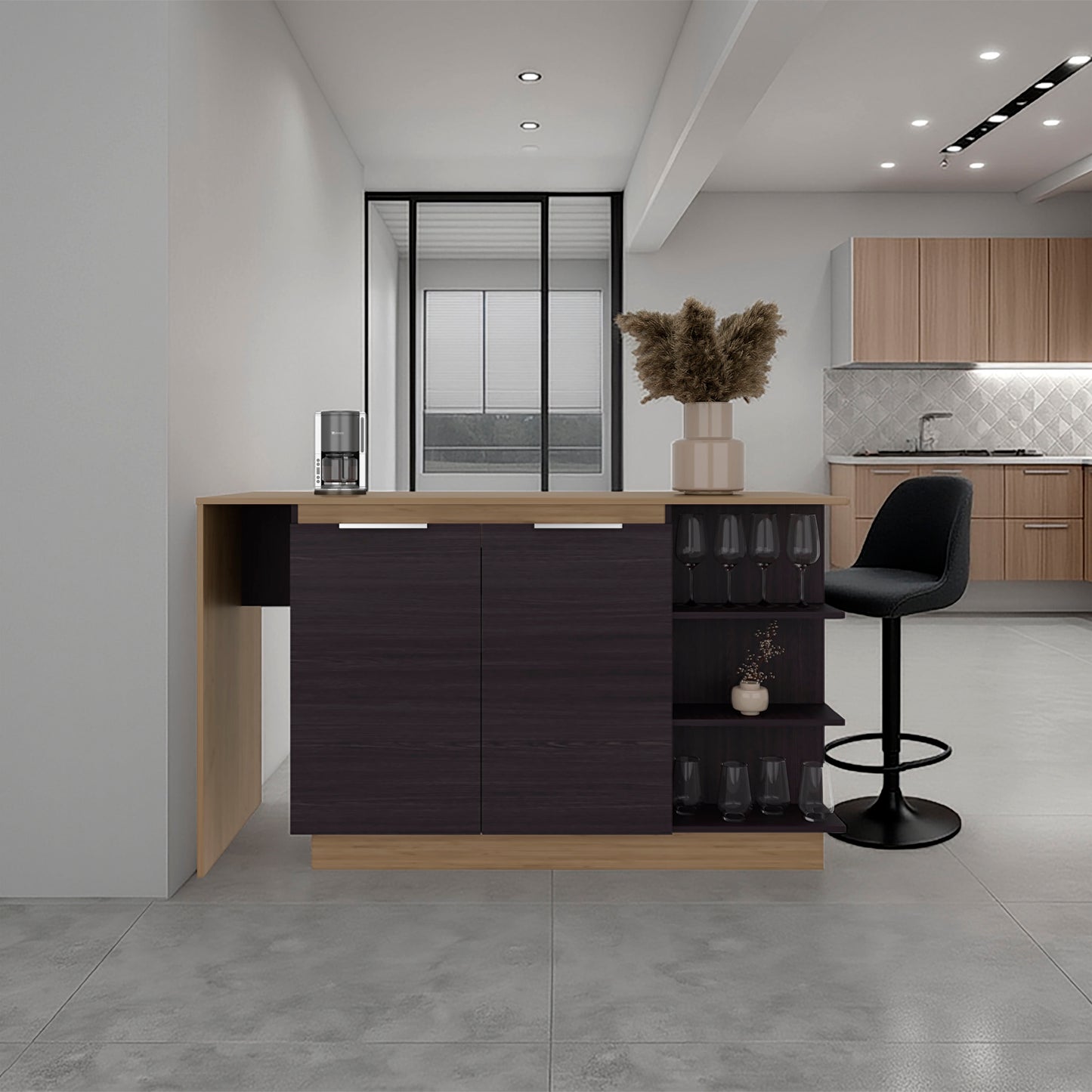 Modern kitchen with a black island and wooden cabinets.