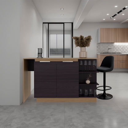 Modern kitchen with a black island and wooden cabinets.