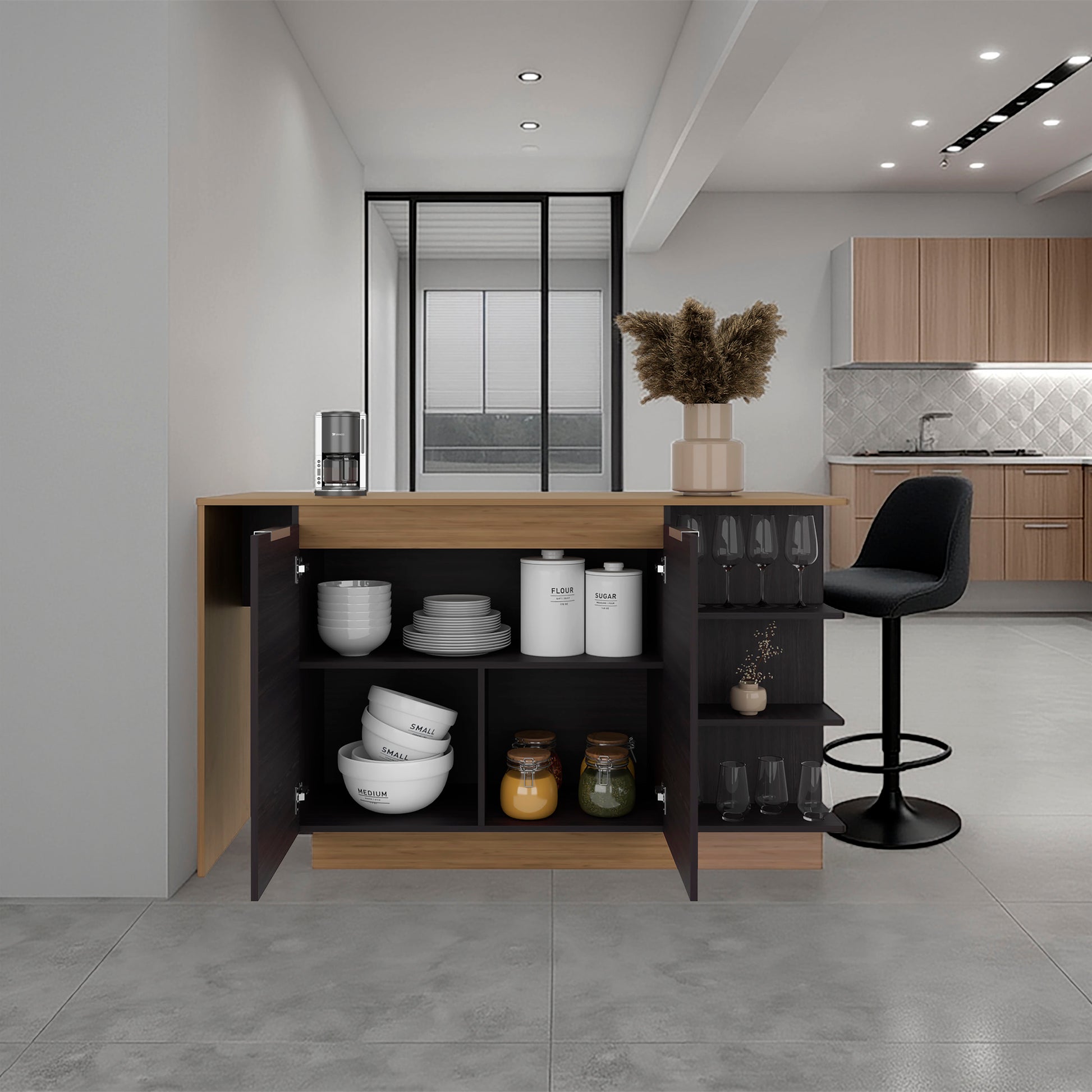Modern kitchen with open wooden cabinet displaying kitchenware, black bar stool, and coffee maker.