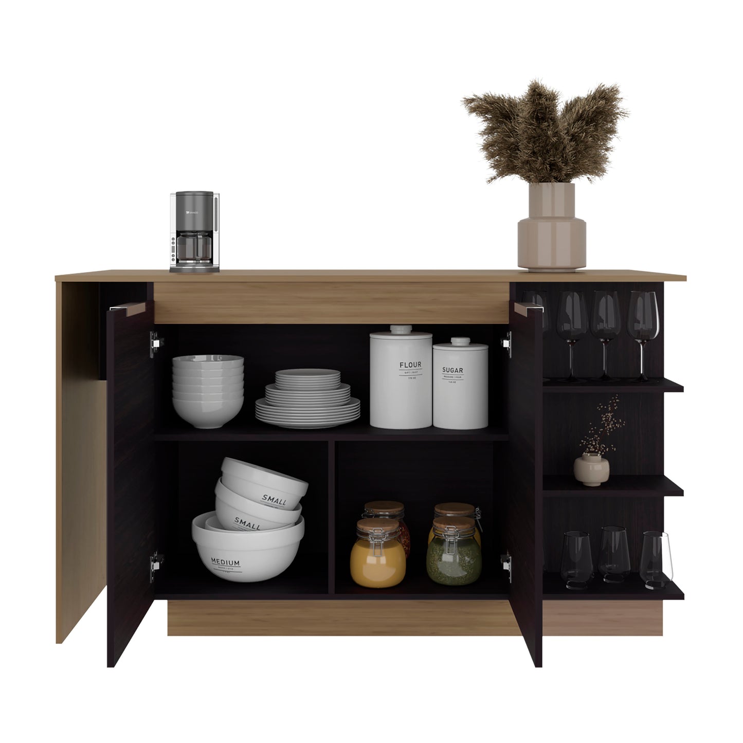 Lumina Modern Kitchen and Bar Counter Table, Freestanding Structure with Two Door Storage Cabinet, 3 Side Open Shelves and, Spacious Dining Countertop