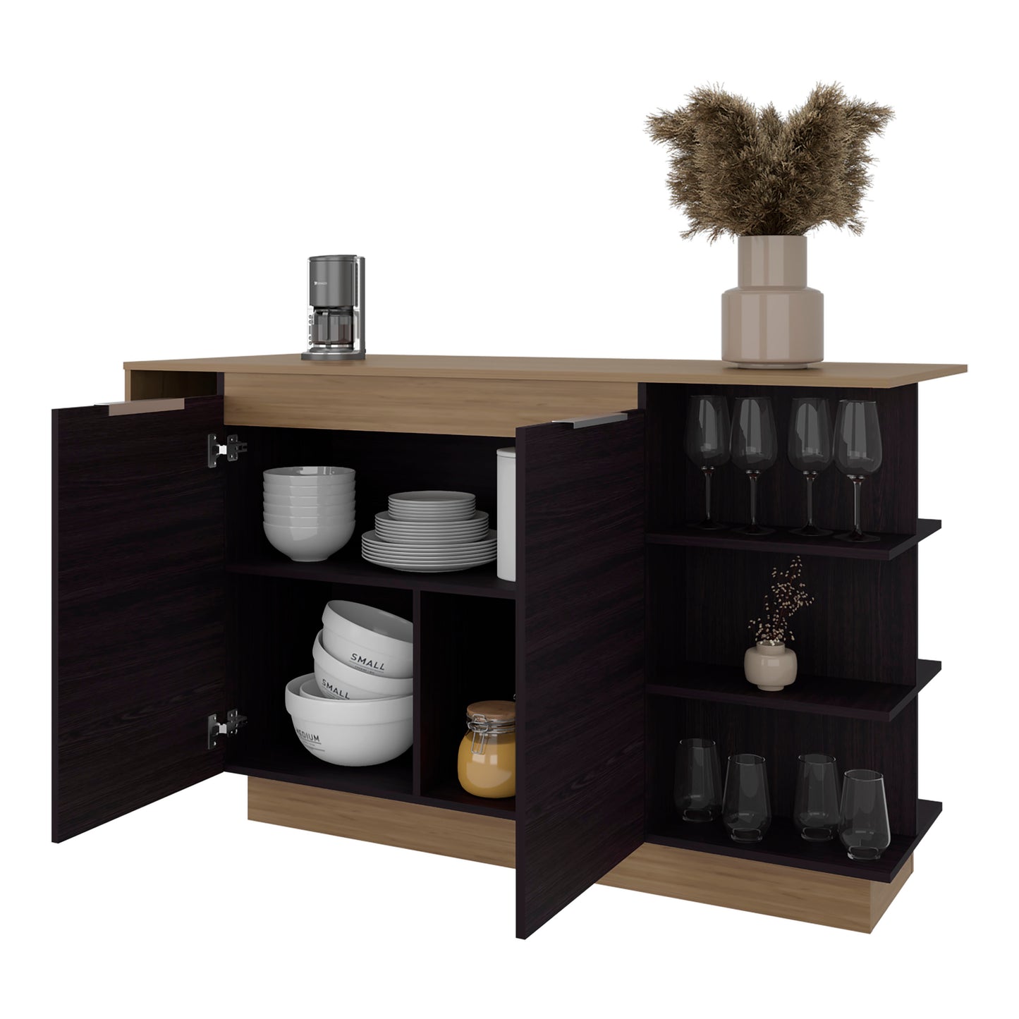 Lumina Modern Kitchen and Bar Counter Table, Freestanding Structure with Two Door Storage Cabinet, 3 Side Open Shelves and, Spacious Dining Countertop